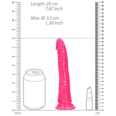 Bright pink slim dildo with suction base, shown next to a soda can and lipstick for size comparison with measurement scales.
