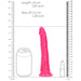 Bright pink slim dildo with suction base, shown next to a soda can and lipstick for size comparison with measurement scales.
