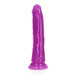 Slim 7-inch purple glow-in-the-dark dildo with suction cup base, textured for realistic feel and hands-free use.
