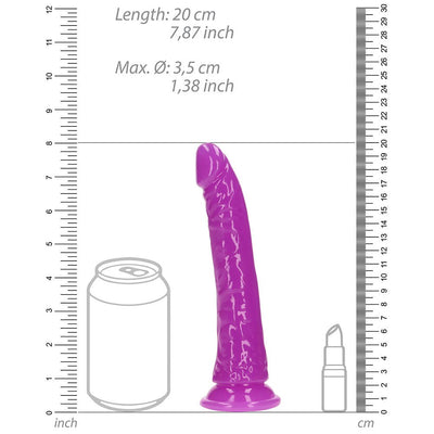 Purple slim 7-inch dildo with suction base shown next to a soda can and lipstick for size comparison.