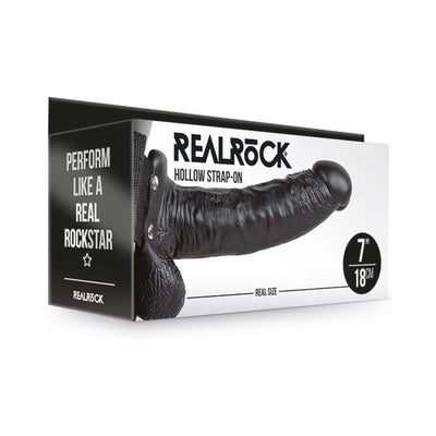 RealRock Hollow Strap-On with balls in black, 7-inch realistic design displayed on product packaging.
