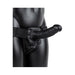 Black hollow strap-on with balls and adjustable waistband displayed on a mannequin torso.