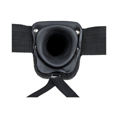 Close-up of black adjustable strap-on harness with hollow center and sturdy webbing straps.