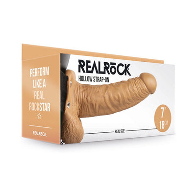 Realrock Hollow Strap-On with Balls in vanilla color displayed on packaging showing realistic design and 7-inch size.