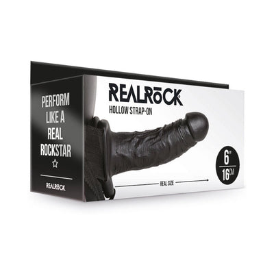 RealRock Hollow Strap-On in black with adjustable straps, 6-inch length, displayed in branded packaging.