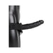 Black hollow strap-on with adjustable waistband displayed on mannequin side view against white background.