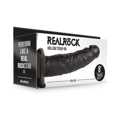 Packaging box showing the Realrock Hollow Strap-On 8 inch in black with adjustable strap and realistic texture.