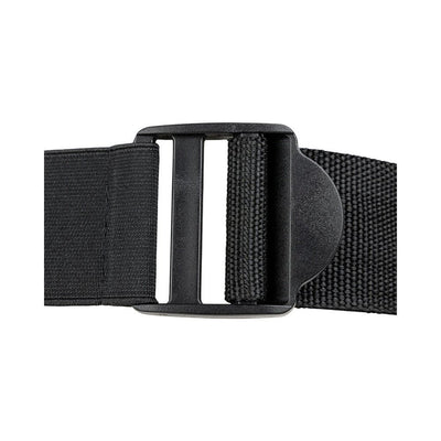 Close-up of black adjustable strap with plastic buckle for secure fit
