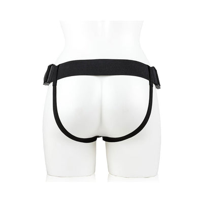 Back view of adjustable black strap-on harness on mannequin waist and hips.