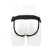 Back view of adjustable black strap-on harness on mannequin waist and hips.
