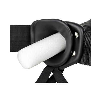 Close-up of the Realrock Hollow Strap-on without balls featuring a black adjustable waistband and hollow white insert.