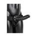 Black hollow strap-on with adjustable waistband displayed on mannequin torso
