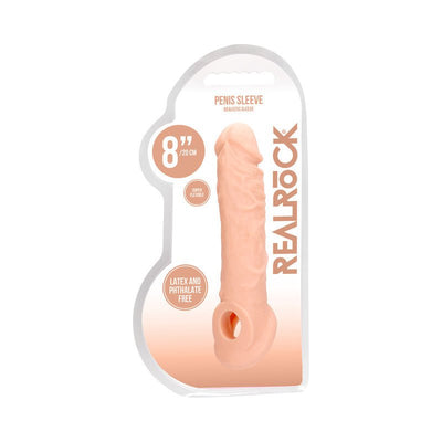 Realrock 8-inch flesh-colored realistic penis sleeve in clear packaging with product details and branding.