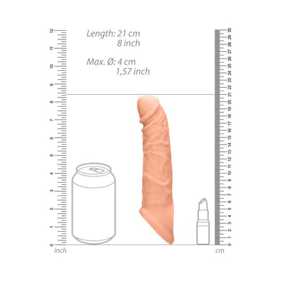 Realrock 8-inch flesh-tone penis sleeve with realistic texture, shown with size comparison to a soda can and lipstick.