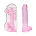 Pink translucent 9-inch realistic dildo with suction cup and textured surface, shown packaged and unpackaged.