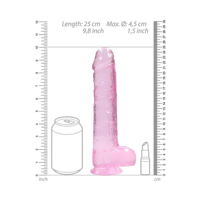 Pink translucent realistic dildo with suction base, shown with size comparison to a soda can and lipstick, measuring 9.8 inches tall.