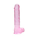 Pink translucent realistic dildo with textured shaft and suction cup base for hands-free use.