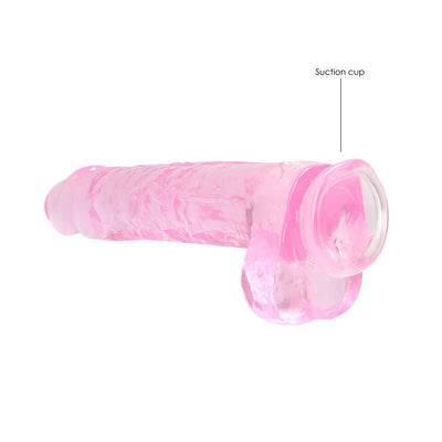Pink realistic dildo with ball detail and suction cup base for hands-free use, made from flexible crystal-clear material.