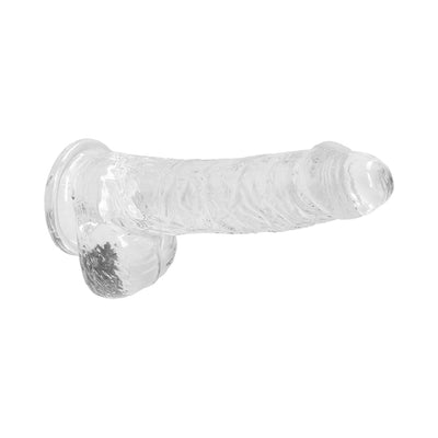 Clear realistic dildo with suction base and textured surface, 6 inches long with attached balls.