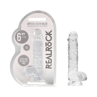 Clear 6-inch realistic dildo with suction cup and balls, displayed in packaging and standing upright.