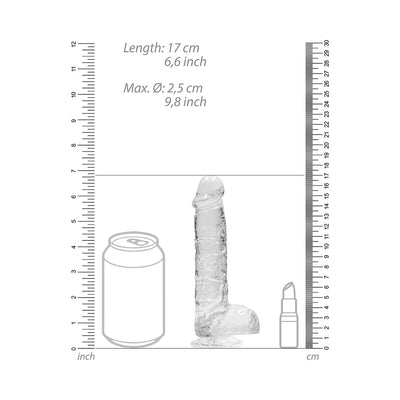 Clear realistic dildo with suction base shown next to a soda can and lipstick for size comparison with measurement scales.