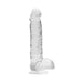 Clear realistic dildo with textured surface and attached suction cup base for hands-free use.
