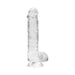 Clear realistic dildo with suction cup base and detailed texture, 6 inches long with attached balls.