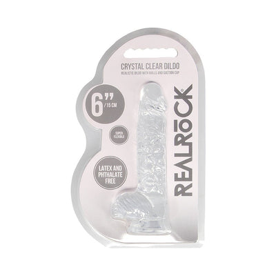 Realrock 6-inch crystal clear realistic dildo with balls and suction cup in retail packaging.