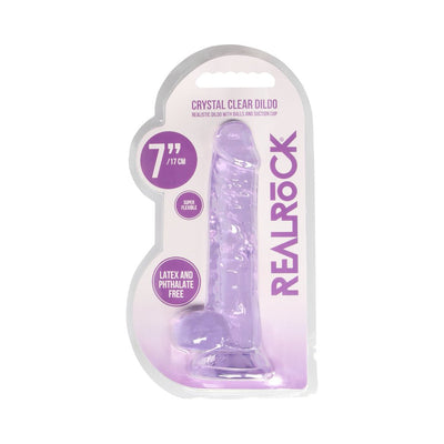 Purple crystal clear 7-inch realistic dildo with suction cup in branded Realrock packaging.