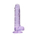 Translucent purple realistic dildo with suction base and textured surface, 7 inches long with attached balls.