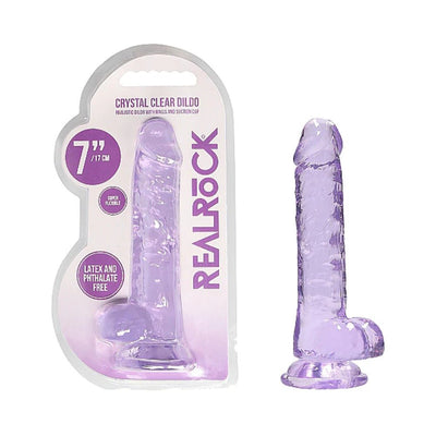 Crystal clear 7-inch realistic dildo with balls and suction cup, flexible and phthalate-free by Realrock.