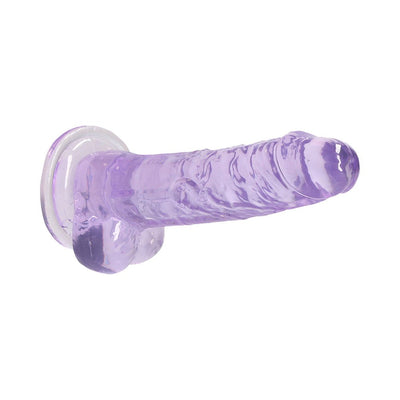 Transparent purple realistic dildo with suction cup base and textured shaft with balls, 7 inches long.