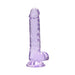 Translucent lavender realistic dildo with suction base and detailed texture, 7 inches long with attached balls.