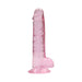 Translucent pink realistic dildo with suction base and detailed texture, 7 inches long with attached balls.
