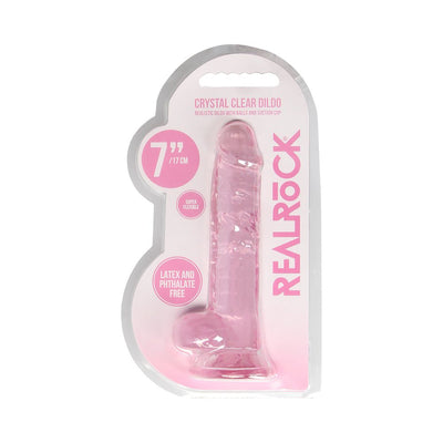 Pink 7-inch realistic dildo with balls and suction cup in clear packaging, latex and phthalate free.