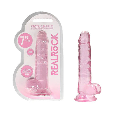 Pink crystal clear 7-inch realistic dildo with balls and suction cup, shown in packaging and standalone.