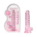Pink crystal clear 7-inch realistic dildo with balls and suction cup, shown in packaging and standalone.