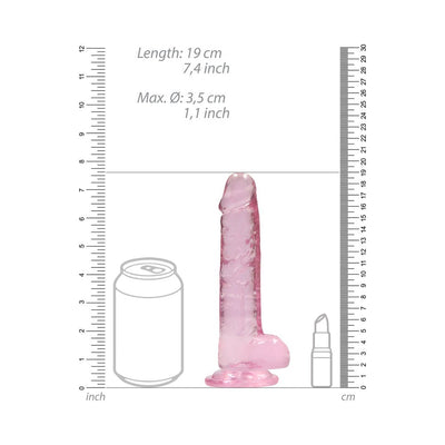 Pink translucent realistic dildo with suction base, shown with size comparison to a can and lipstick, measuring 7 inches tall.
