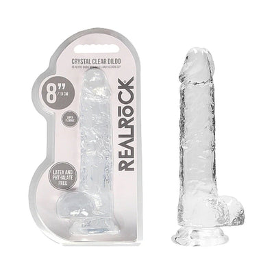 Clear 8-inch realistic dildo with balls and suction cup, flexible and phthalate-free, shown in packaging and standalone.