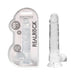 Clear 8-inch realistic dildo with balls and suction cup, flexible and phthalate-free, shown in packaging and standalone.
