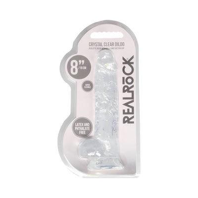 Realrock 8-inch crystal clear realistic dildo with balls and suction cup in transparent packaging.