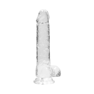 Clear 8-inch realistic dildo with textured shaft and suction cup base for hands-free use.