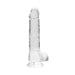 Clear 8-inch realistic dildo with textured shaft and suction cup base for hands-free use.