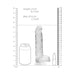Clear 8-inch realistic dildo with balls next to size comparison graphics and measurement scales.