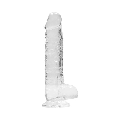 Clear realistic dildo with balls and suction cup base, 8 inches in length, textured for lifelike detail.