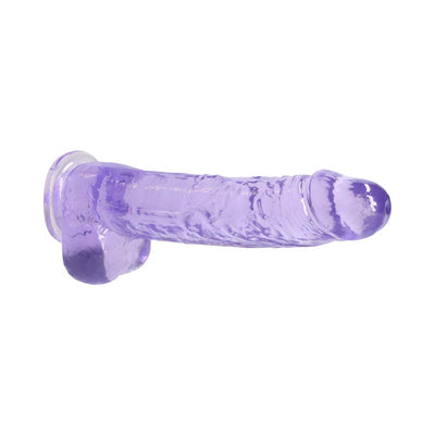 Transparent purple realistic dildo with suction cup and detailed texture, 9 inches long with attached balls.
