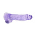 Transparent purple realistic dildo with suction cup and detailed texture, 9 inches long with attached balls.