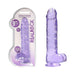 Purple crystal clear realistic dildo with suction cup and balls, 9 inches, shown in and out of packaging.