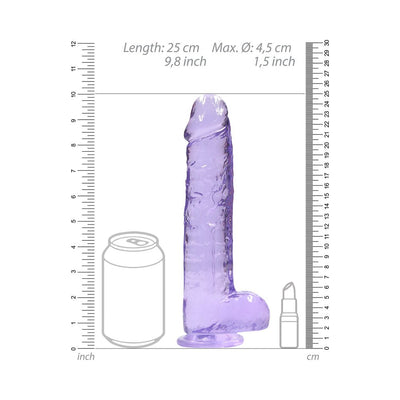 Transparent purple realistic dildo with balls, 9.8 inches long, shown with size comparison to a can and lipstick.
