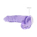 Transparent purple realistic dildo with textured shaft, balls, and suction cup base for hands-free use.